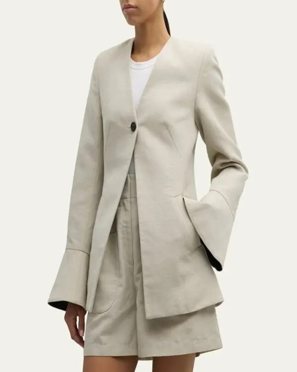 CO Clay Gray Collarless Flare Cuff V-Neckline Single Button Solo-Breasted Jacket